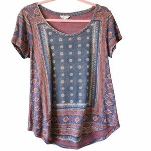 LUCKY BRAND Short Sleeve Tribal Print High Low Top Medium #0131